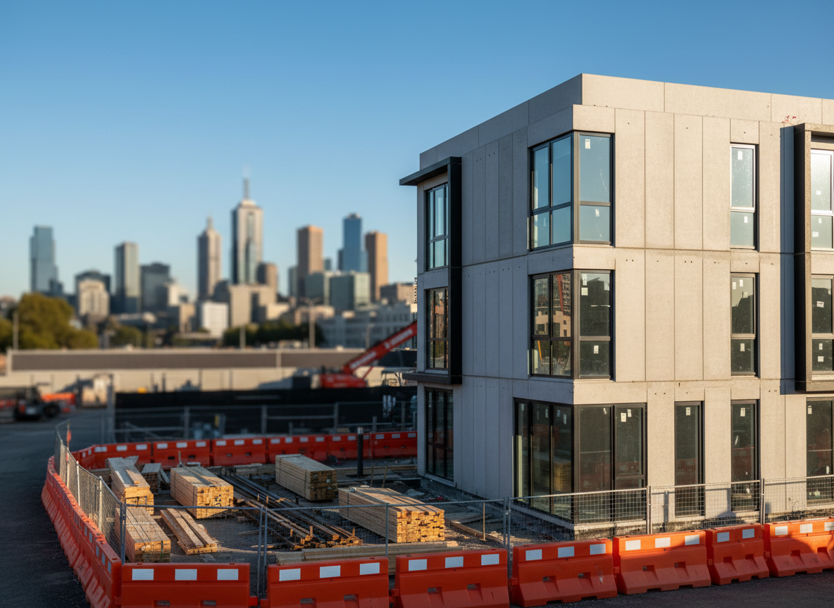 A contemporary Melbourne construction site featuring a partially completed three-story mixed-use building with clean architectural lines, pale concrete panels, and black aluminium window frames. The structure is surrounded by neatly stacked timber, steel beams, and bright orange safety barriers, all clearly organized. In the background, the Melbourne skyline appears softly out of focus under a crisp blue sky. Late afternoon natural light casts defined but gentle shadows, revealing texture in the concrete and metal. Photographic realism at eye level, with sharp focus on the building and a subtle bokeh to the background, conveys a professional, orderly atmosphere that suggests reliability and high-quality workmanship in both residential and commercial construction.