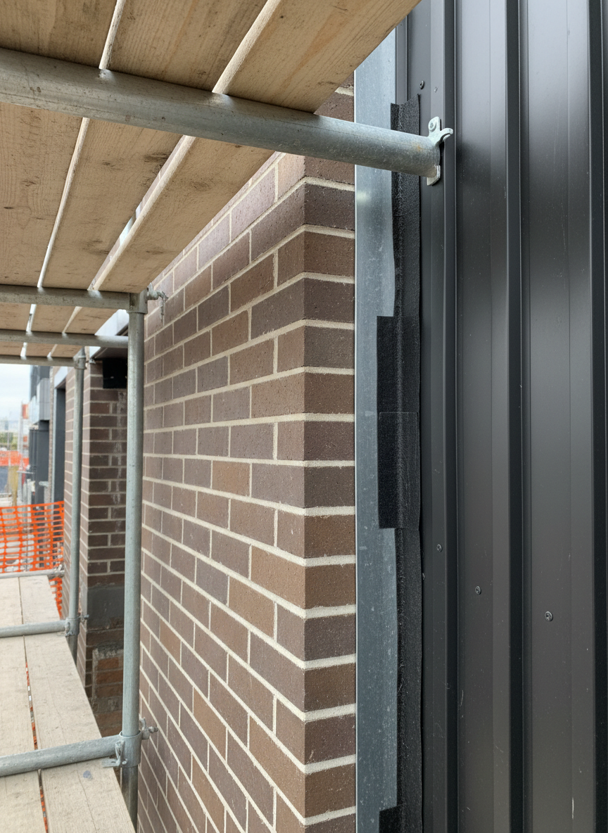 A close-up detail of a Melbourne building façade under construction, showing precision brickwork in warm-grey, linear bricks aligned with crisp, perfectly even mortar joints. Beside the brickwork, a section of black standing-seam metal cladding meets the masonry in a clean, sharp junction, revealing careful flashing and weatherproofing details. Scaffolding planks and galvanised steel rails frame the edge of the image with safety mesh in bright orange. Overcast daylight provides soft, diffused lighting that eliminates harsh shadows and brings out the subtle texture in brick and metal surfaces. Photographic realism with a shallow depth of field keeps the construction detail in sharp focus against a gently blurred background, creating a technical, quality-focused mood ideal for showcasing craftsmanship.