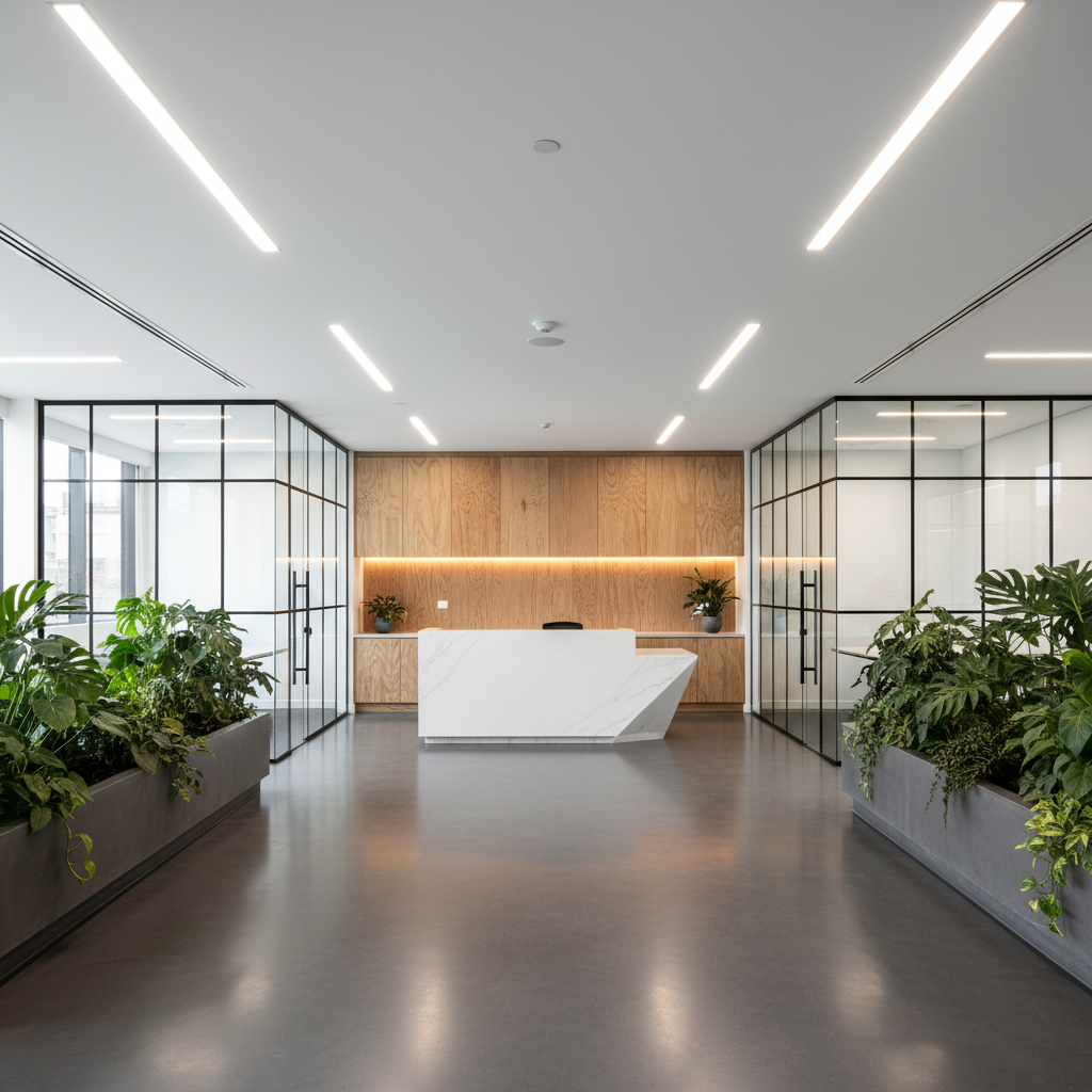 A polished commercial office fit-out interior in Melbourne featuring a spacious open-plan floor with matte charcoal polished concrete flooring, glass partition walls with black steel frames, and custom-built plywood cabinetry with integrated LED strip lighting. A central reception desk in white stone with sharp, clean edges anchors the space, while built-in planters with lush greenery add contrast along the perimeter. Bright but diffused daylight pours in through full-height windows, complemented by sleek linear ceiling lights that create subtle reflections on glass surfaces. Captured in photographic realism from an eye-level wide angle, the composition emphasizes depth and symmetry, conveying a professional, contemporary, and highly functional workplace environment crafted by expert commercial builders.