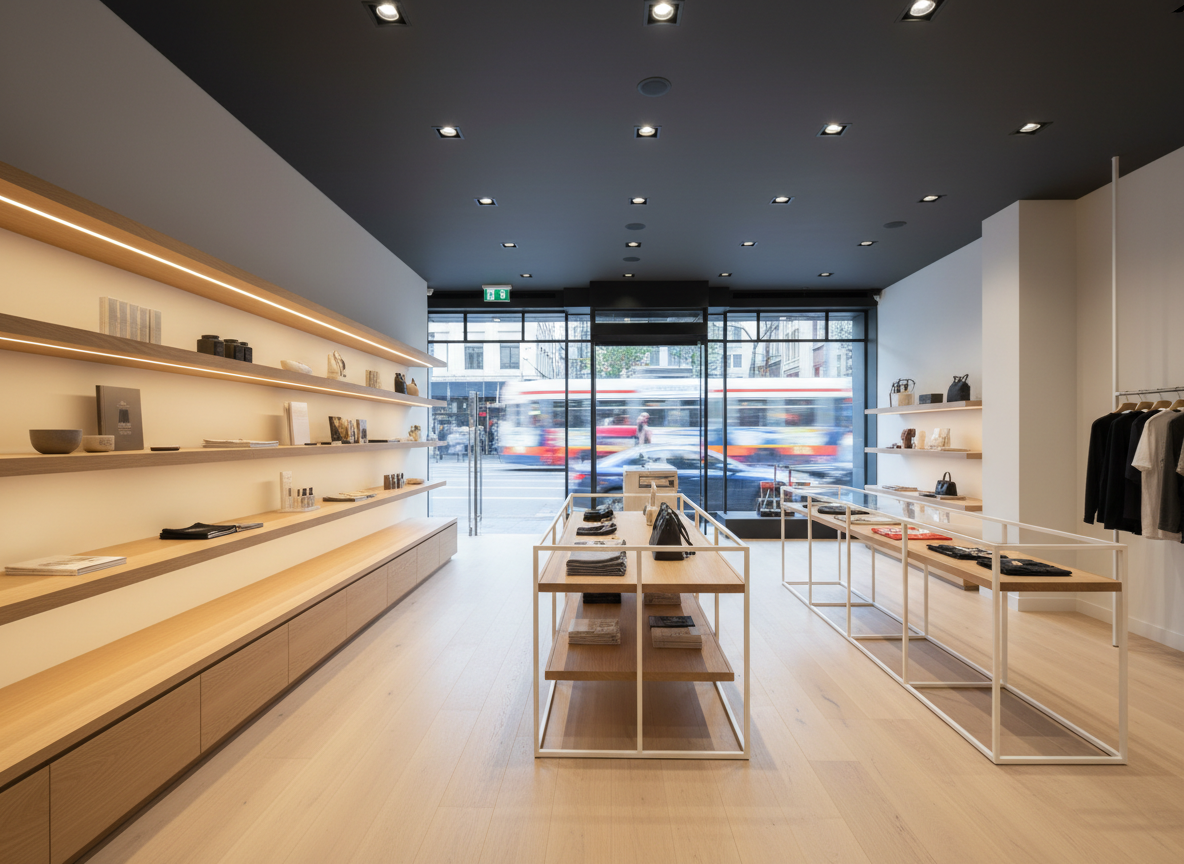 An interior retail fit-out in Melbourne displaying a clean, sophisticated boutique space with custom joinery. Long timber display shelves with integrated warm LED strip lighting line one wall, while a central freestanding display unit combines white powder-coated metal frames and light oak surfaces. The flooring is pale engineered oak, contrasted by a dark charcoal ceiling with recessed spotlights creating focused pools of light. The front glazing reveals a faint hint of a busy street in soft blur. Photographic realism, captured from the entry looking inward with strong leading lines guiding the viewer through the space, gives a sleek, professional, and meticulously detailed atmosphere that highlights commercial fit-out expertise.