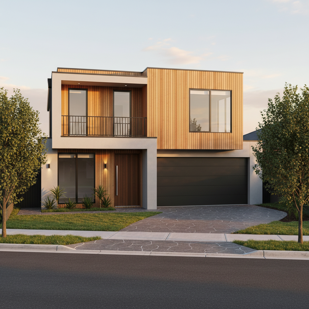 A finished modern two-story Melbourne home with a combination of light-rendered walls, warm vertical timber cladding, and large double-glazed windows, set on a neatly landscaped suburban street. The front façade shows a wide pivot door, minimalist steel balustrades, and a charcoal exposed-aggregate driveway leading to a sleek garage door. Soft golden hour sunlight washes across the exterior, bringing out the warm tones of the timber and casting long, clean shadows on the driveway. Shot from a slightly elevated corner angle in photographic realism, with crisp detail from foreground to background, the image feels calm, premium, and meticulously built, ideal for showcasing high-end residential construction.