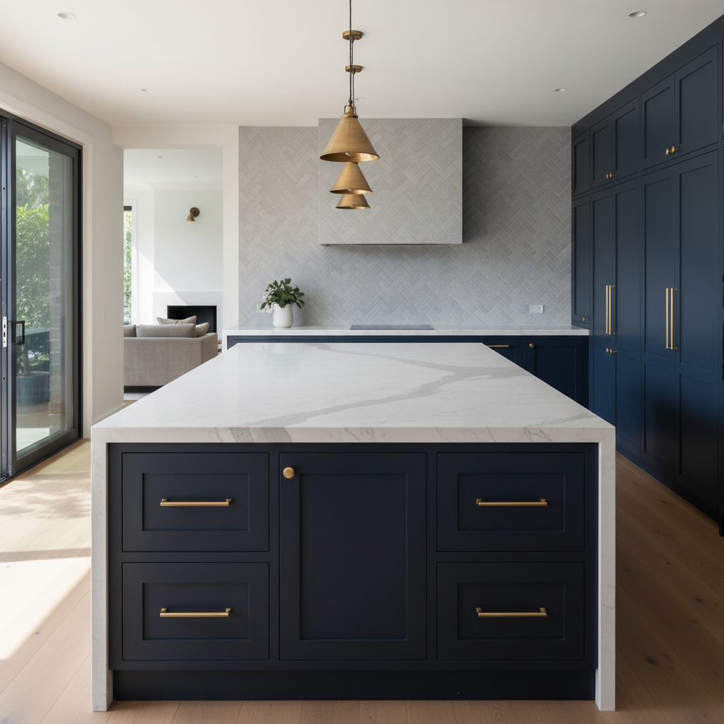 A high-end residential kitchen renovation in Melbourne, showcasing a large island bench with white-veined, matte-finish stone benchtops and waterfall edges, contrasted by deep navy shaker-style cabinetry with brushed brass handles. Integrated appliances are concealed behind seamless panels, and a full-height tiled splashback in soft grey herringbone stretches to the ceiling. Natural daylight streams through an adjacent sliding door, enhanced by warm pendant lights above the island, creating layered illumination and soft, inviting shadows. Photographic realism, shot from a slightly elevated angle down the length of the island, with crisp focus and a subtle blur toward an adjoining living area, creates a welcoming yet sophisticated mood, ideal for representing premium renovation work.